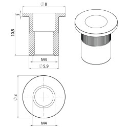 AISI304 nitovacia matica M4, plochá, rýhovaný driek, L-8mm AISI304 nitovacia matica M4, plochá, rýhovaný driek, L-8mm